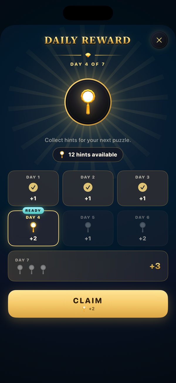 Daily reward screen with collected hint days