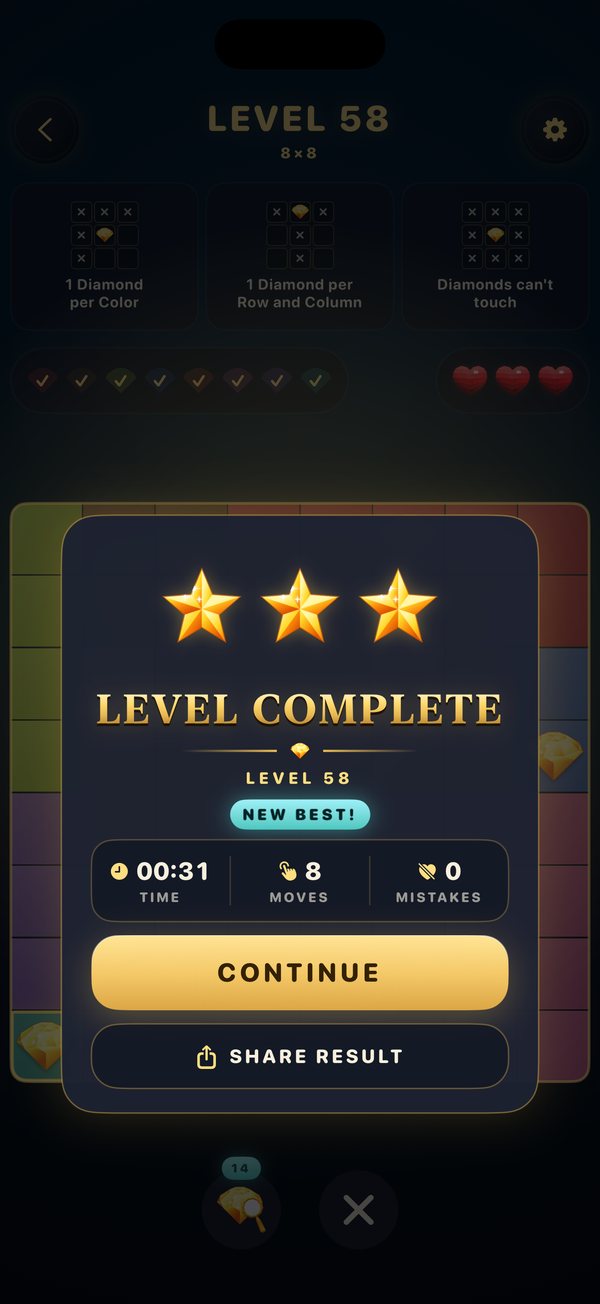 Level complete card with three stars, time, moves and mistakes