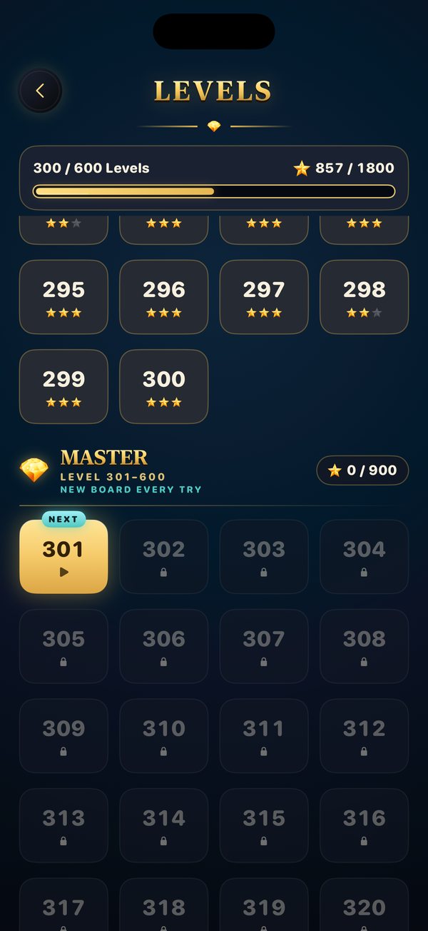 Level selection with the Master levels 301 to 600