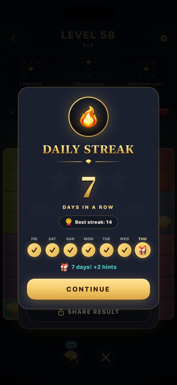 Daily streak screen showing seven days in a row