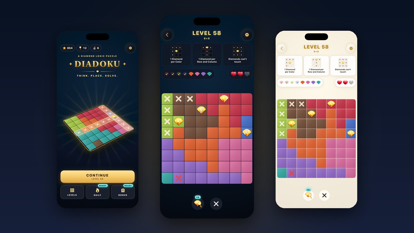 Three Diadoku 1.1 screens: the home screen with the 3D board, a level in dark mode and the same level in light mode